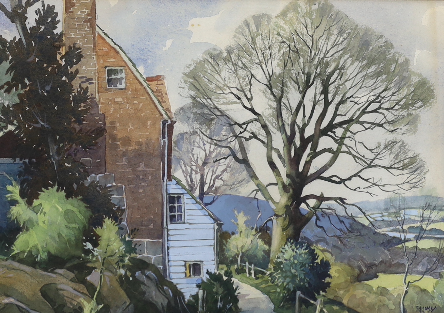 F J James, two watercolours, including Cottages at West Hoathly’, one signed, 36cm x 25cm